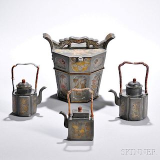 Three Pewter Teapots and an Inlaid Pewter Container
