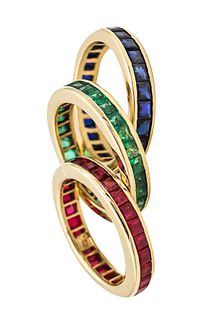 Eternity Trio Of Rings In 14 Kt Gold with Sapphires Emeralds & Rubies