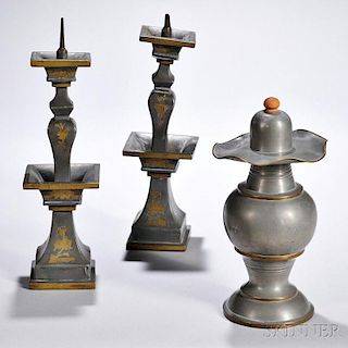 Pair of Pewter Candlesticks and a Covered Jar