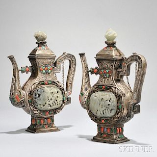 Pair of Mongolian-style Silver Ewers