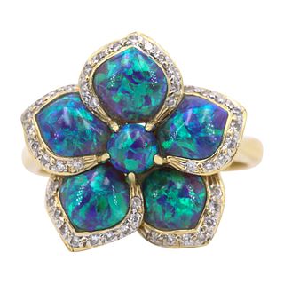 Black Opal & Diamonds 18k Gold Flower Ring