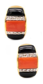 Italian clips-earrings in 18 kt gold with diamonds, coral & onyx