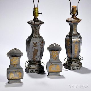 Two Pairs of Pewter Lamp Vases and Wall Vases