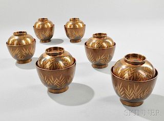Set of Six Lacquered Covered Bowls