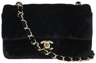 CHANEL BLACK QUILTED VELVET MINI CLASSIC FLAP CHAIN BAG SILVER