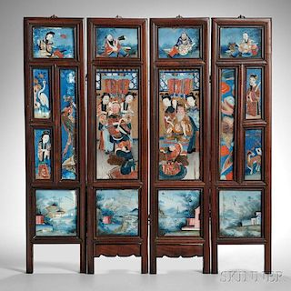 Four-panel Table Screen with Export Reverse Glass Paintings
