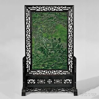 Carved Spinach Green Jade Table Screen