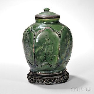 Green-glazed Pottery Jar with Tin-clad Cover