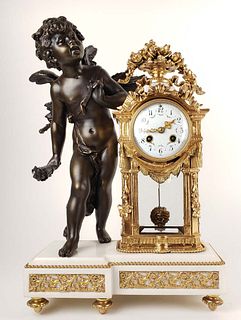 19th C. French Gilt & Patinated Bronze & Marble Figural Mantle Clock