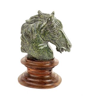 Carved Stone Figure of Horse on Wooden Base
