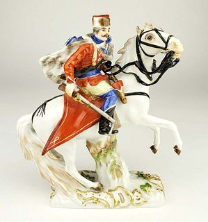 Rare 19th C. Meissen Hussar Riding on Horse Porcelain Figure