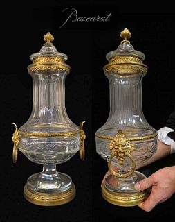 Large 19th C. Pair Baccarat Crystal Bronze Mounted Urns / Vases