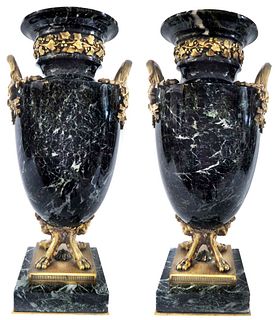 19th Century Pair of Figural Ormolu Mounted Marble Urns