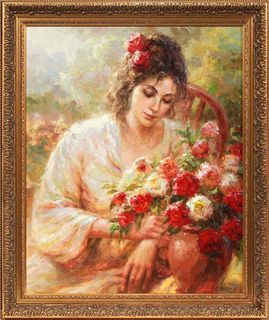 19th C. Oil on Canvas of Woman with Bouquet Signed Denber