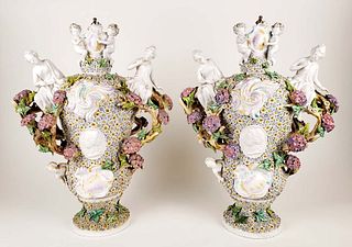 Pair of Large 19th C. Meissen Style Porcelain Figural Floral Encrusted Vases