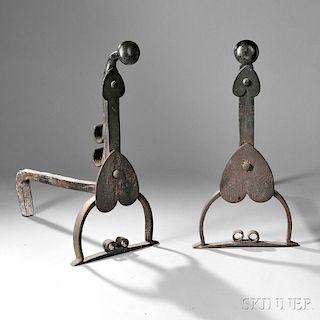 Wrought Iron Heart-decorated Andirons with Spit-hooks