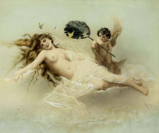 Virgilio Tojetti (NY,CA,1851-1901) "Nude Woman & Putti" Watercolor Painting
