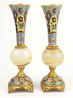 Pair of 19th C. French Champleve Enamel & Bronze Vases