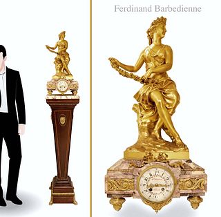 Monumental 19th C. F. Barbedienne Gilt Bronze & Rouge Marble Figural Mantle Clock