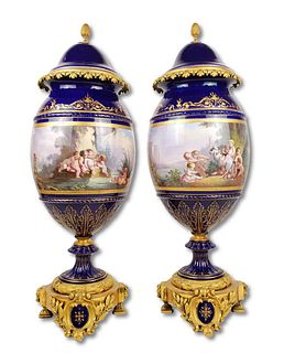 Pair of Large 19th C. French Sevres Porcealin & Bronze Vases
