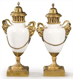Pair of 19th C. Louis XVI Gilt Bronze & Porcelain Ram Handle Urns