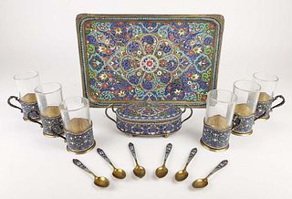 Magnificent 19th C. Russian Enamel & 84 Silver Tea Set