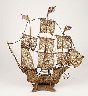 19th C. Continental Filigree Figure of Ship