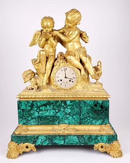 Large 19th C. Malachite & Gilt Bronze Figural Mantle Clock