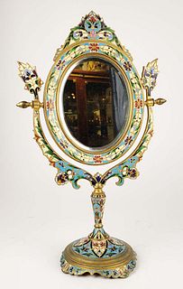 19th C. French Champleve Enamel & Bronze Mirror