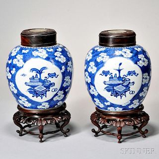 Pair of Blue and White Covered Ginger Jars with Stands