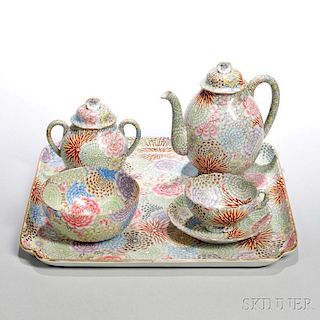 Set of Eggshell Enameled Porcelain Tea Service with Tray