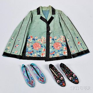 Two Pairs of Embroidered Silk Shoes and a Western-style Jacket