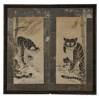 Two-panel Folding Screen Depicting Tigers