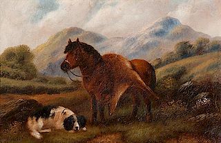 English Folk Art Painting with Pony and Dog