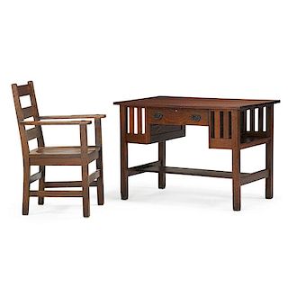 GUSTAV AND CHARLES STICKLEY Library table, chair