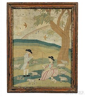 Needlework Picture Showing a Shepherd and Shepherdess with Their Flock