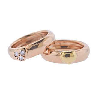 Tiffany & Co 18k Gold Diamond Heart Band Ring Set 2pc