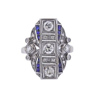 Art Deco Platinum Gold Diamond Sapphire RIng