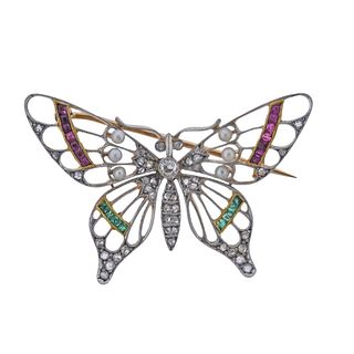 Antique Gold Platinum Pearl Diamond Ruby Emerald Butterfly Brooch