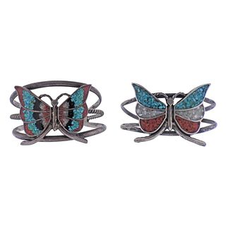 Native American Sterling Coral Turquoise Butterfly Bracelet Lot 2pc