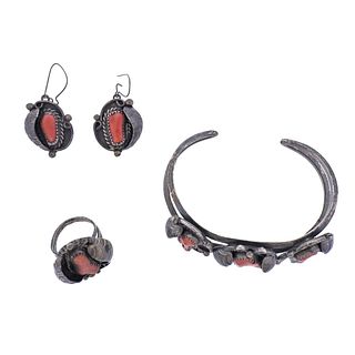 Native American Sterling Coral Earrings Bracelet Ring Set