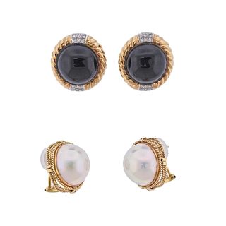 14k Gold Pearl Diamond Onyx Earrings 2 Pairs Lot