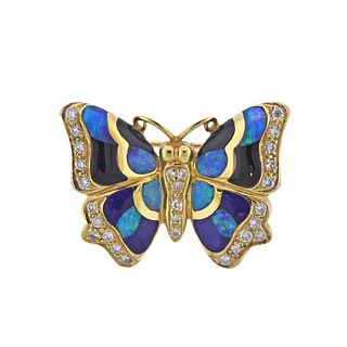 Asch Grossbardt 14k Gold Inlay Gemstone Diamond Butterfly Brooch