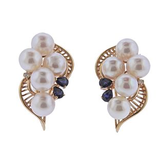 Midcentury 14k Gold Pearl Diamond Sapphire Earrings