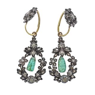 Antique 14k Gold Silver Emerald Diamond Drop Earrings