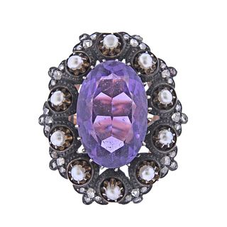 Antique 14k Gold Silver Amethyst Pearl Diamond Cocktail Ring