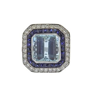 Platinum Aquamarine Diamond Sapphire Ring