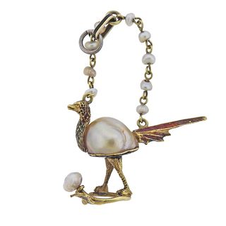 Antique Natural Pearl Gold Enamel Bird Pendant