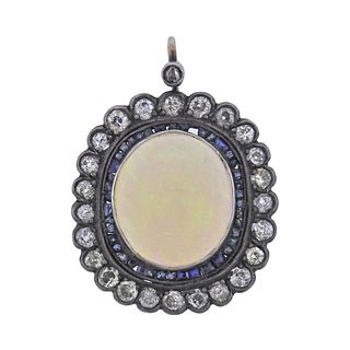 Antique Opal Diamond Gold Silver Pendant
