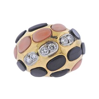 French 18k Gold Diamond Coral Onyx Dome Ring